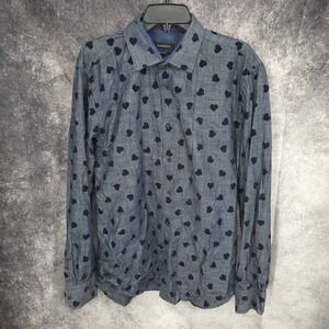 Bugatchi Shirt Men Large Gray Button Up Heart AOP Graphic Long Sleeve Shaped Fit